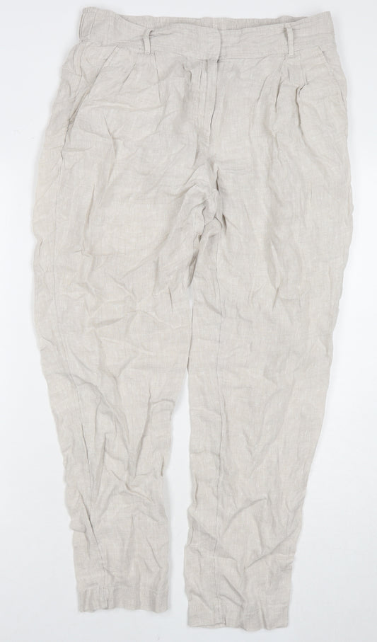 Marks and Spencer Womens Beige Linen Trousers Size 12 L28 in Regular Zip