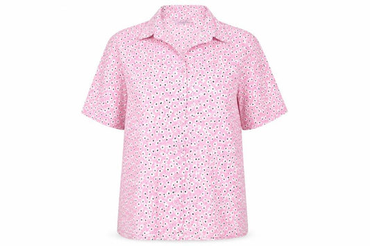 Front view of Amalina women’s pink floral polyester basic button-up, size UK 12, collared
