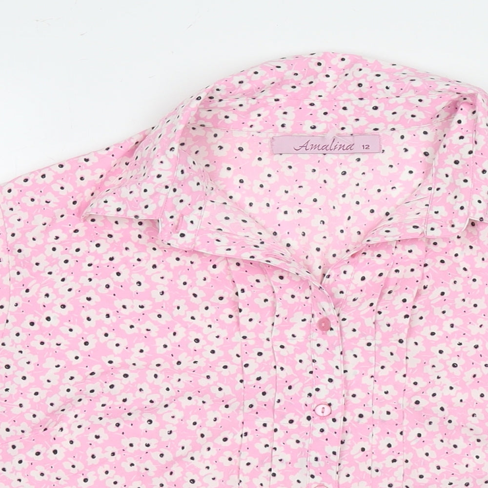 Amalina Womens Pink Floral Polyester Basic Button-Up Size 12 Collared