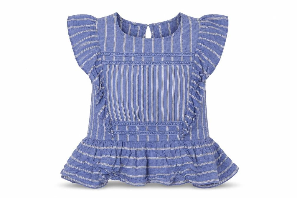 Front view of Lost Stock women’s blue striped cotton basic t-shirt, size S, round neck