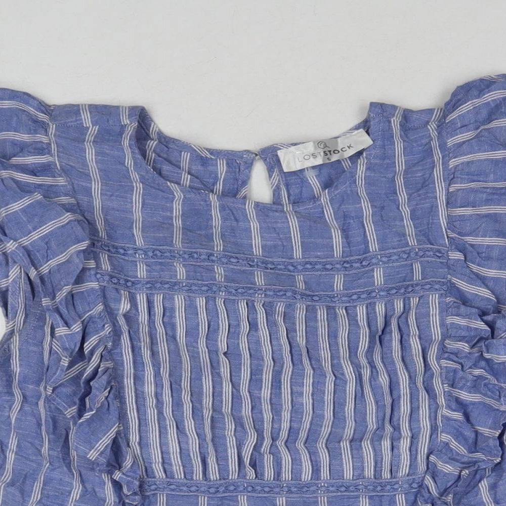 Lost Stock Womens Blue Striped Cotton Basic T-Shirt Size S Round Neck