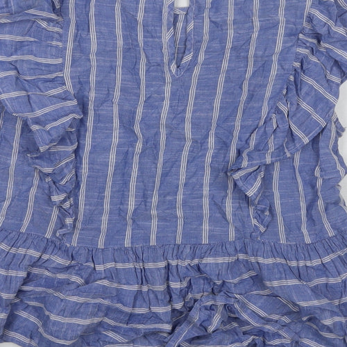 Lost Stock Womens Blue Striped Cotton Basic T-Shirt Size S Round Neck