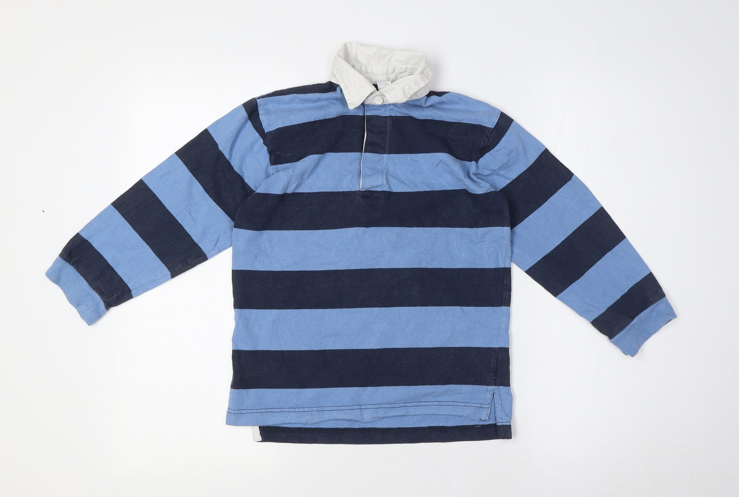 BHS Boys Blue Striped Cotton Basic Polo Size 7-8 Years Collared Button - Rugby