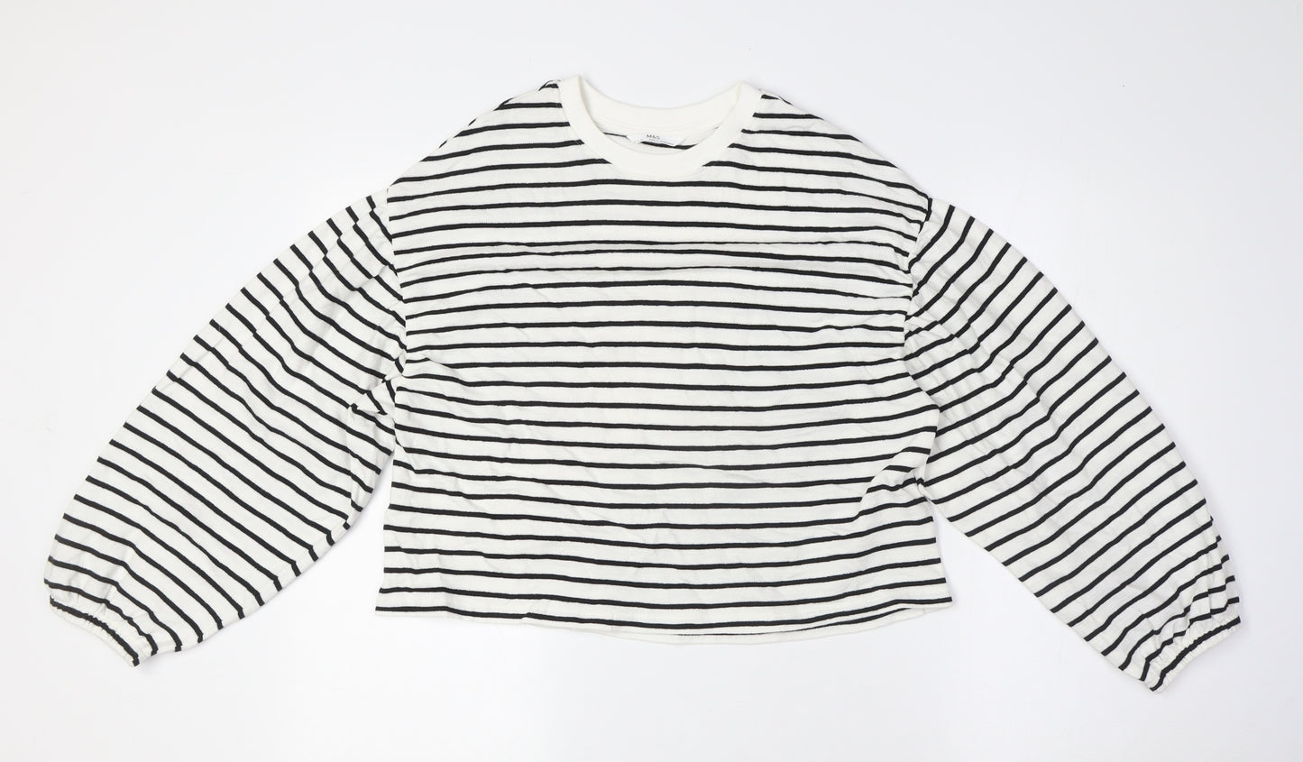 Marks and Spencer Girls White Crew Neck Striped Cotton Pullover Jumper Size 12-13 Years