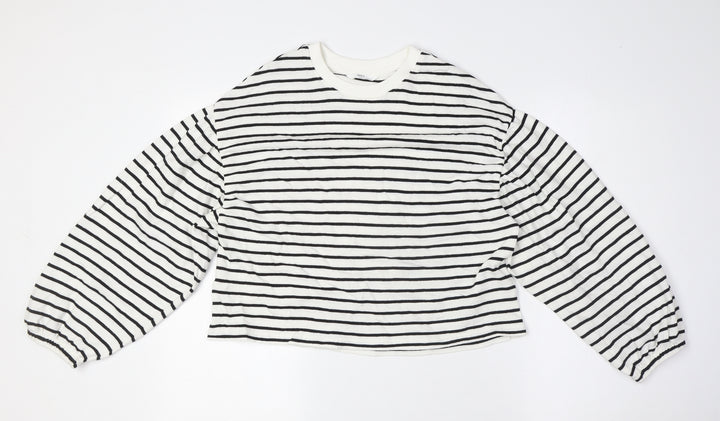 Marks and Spencer Girls White Crew Neck Striped Cotton Pullover Jumper Size 12-13 Years