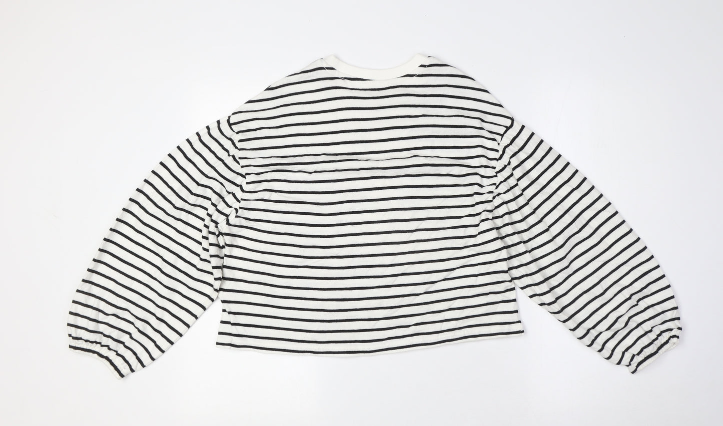 Marks and Spencer Girls White Crew Neck Striped Cotton Pullover Jumper Size 12-13 Years