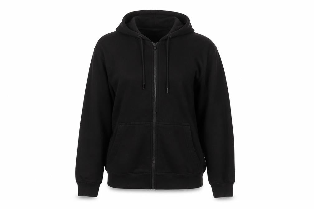 Front view of PRETTYLITTLETHING women’s black cotton full zip hoodie, size S