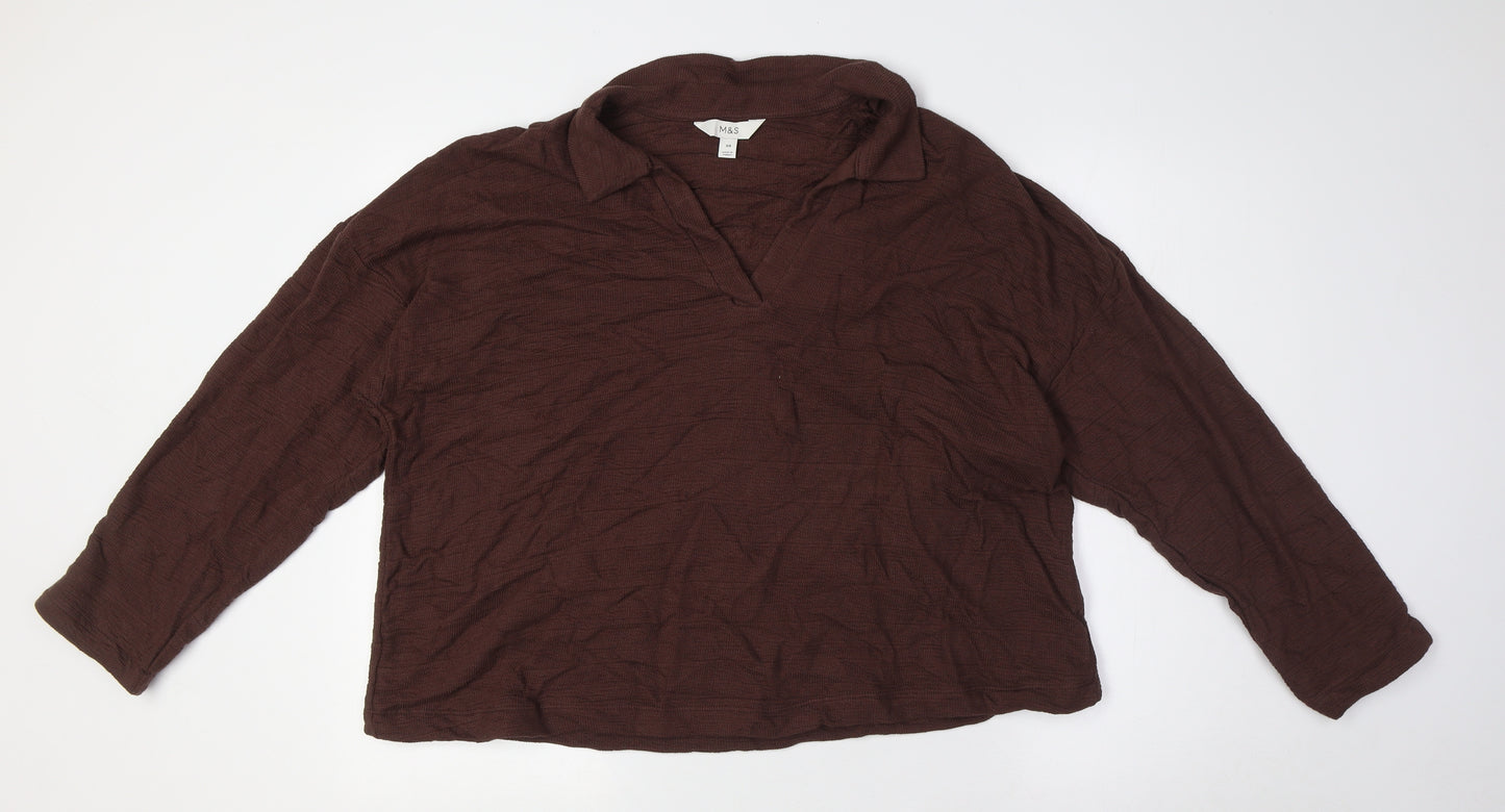 Marks and Spencer Womens Brown Cotton Basic Button-Up Size 20 Collared