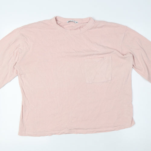 Zara Womens Pink Cotton Basic T-Shirt Size S Crew Neck - Breast Pocket