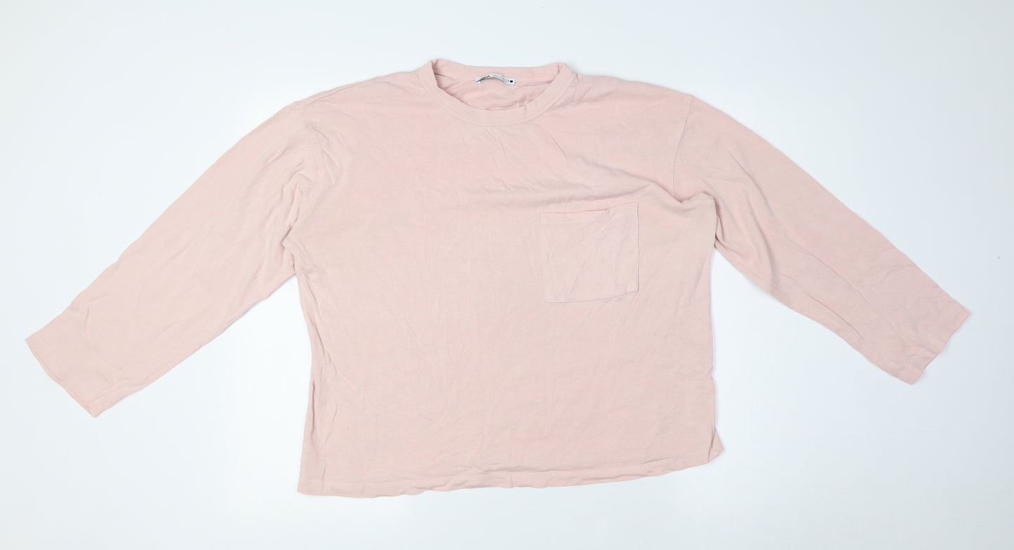 Zara Womens Pink Cotton Basic T-Shirt Size S Crew Neck - Breast Pocket