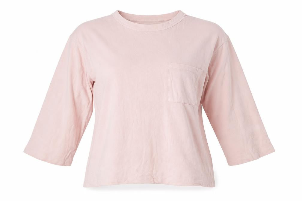 Front view of Zara women’s pink cotton basic t-shirt, size S, crew neck - breast pocket