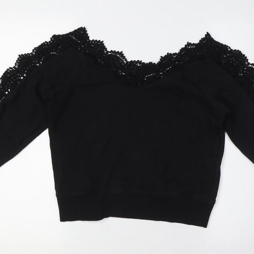 River Island Womens Black Cotton Basic Button-Up Size S V-Neck - Crochet Collar and Sleeves
