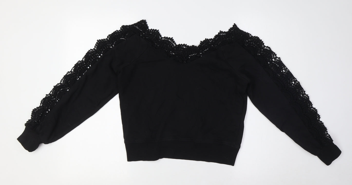 River Island Womens Black Cotton Basic Button-Up Size S V-Neck - Crochet Collar and Sleeves