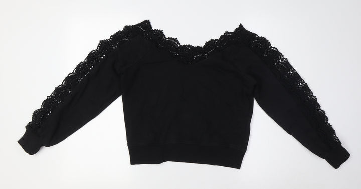 River Island Womens Black Cotton Basic Button-Up Size S V-Neck - Crochet Collar and Sleeves