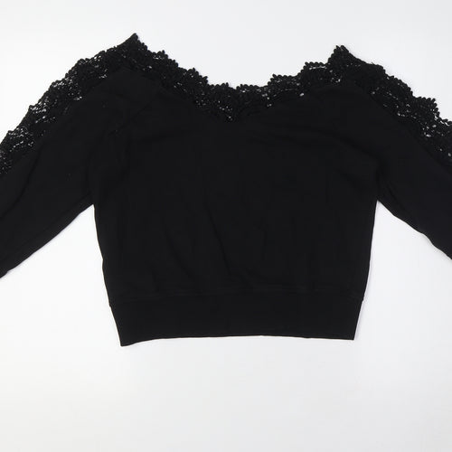 River Island Womens Black Cotton Basic Button-Up Size S V-Neck - Crochet Collar and Sleeves