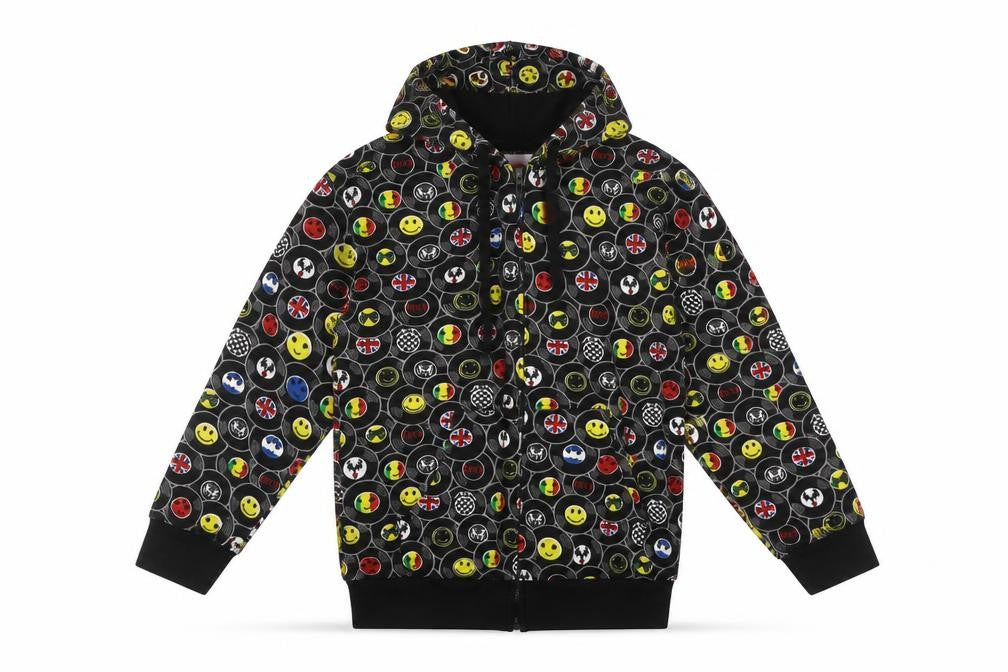 Front view of Bubble boys’ multicoloured cotton full zip hoodie, size 8, years zip - emojis