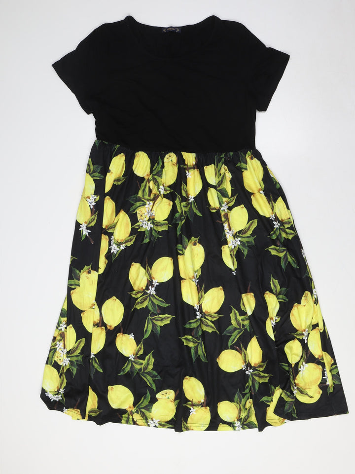 Enmain Womens Black Rayon A-Line Size XL Round Neck - Lemons