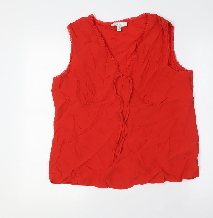 Marks and Spencer Womens Red Viscose Basic Button-Up Size 14 V-Neck - Lace Trim