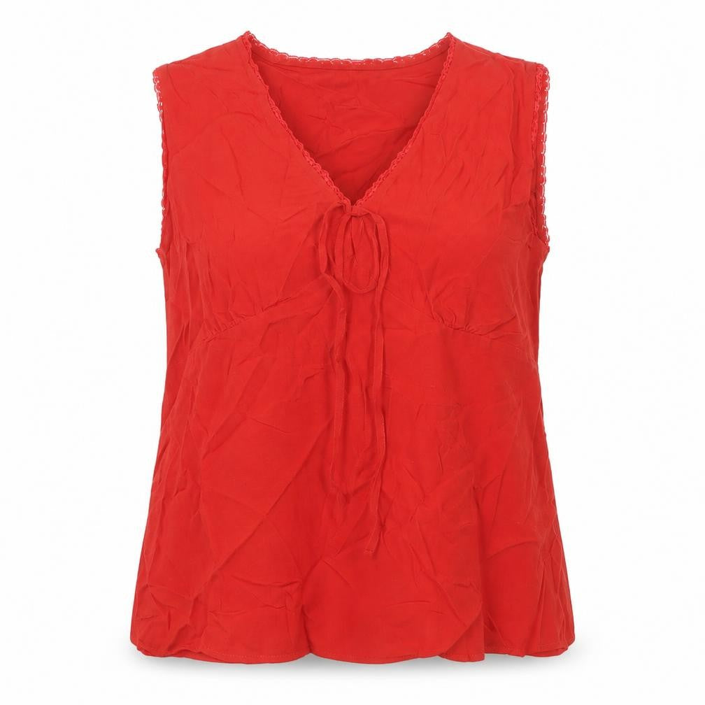 Front view of Marks & Spencer women’s red viscose basic button-up, size UK 14, v-neck - lace trim