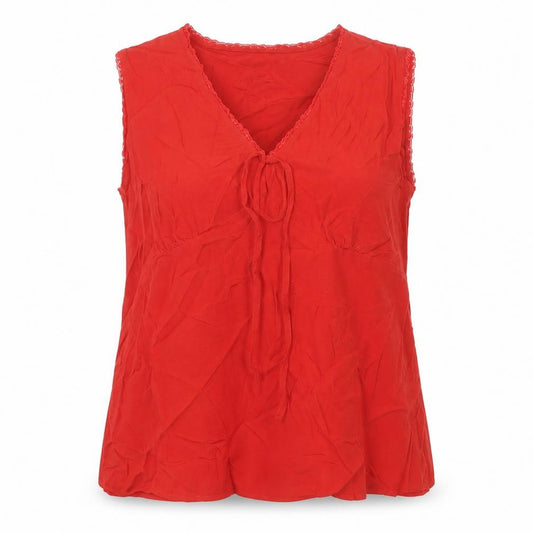Front view of Marks & Spencer women’s red viscose basic button-up, size UK 14, v-neck - lace trim