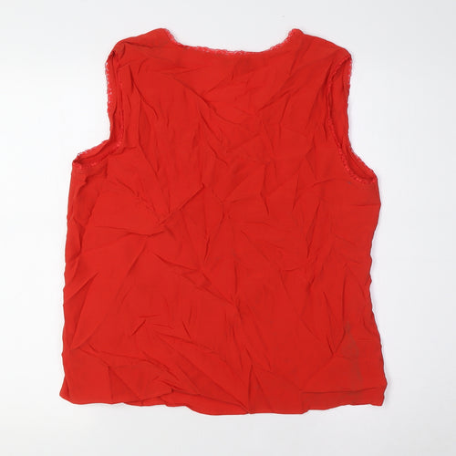 Marks and Spencer Womens Red Viscose Basic Button-Up Size 14 V-Neck - Lace Trim