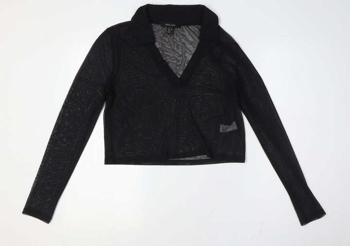 New Look Womens Black Polyester Basic Button-Up Size 14 Collared - Sheer