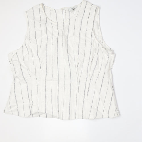 Marks and Spencer Womens White Striped Linen Basic Button-Up Size 22 Round Neck