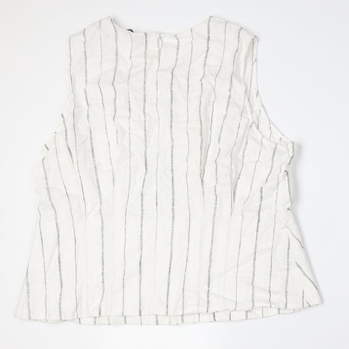 Marks and Spencer Womens White Striped Linen Basic Button-Up Size 22 Round Neck