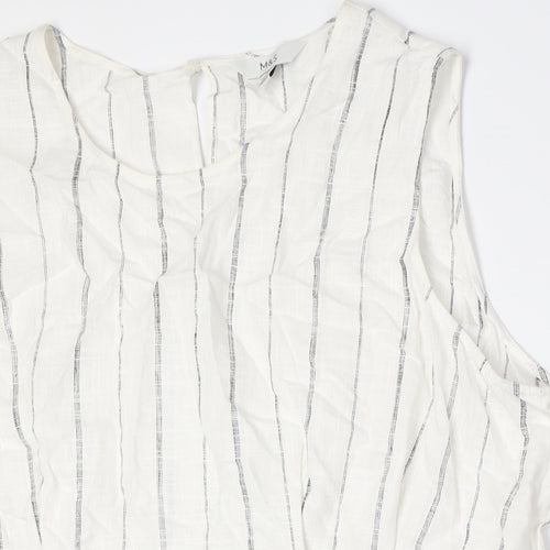 Marks and Spencer Womens White Striped Linen Basic Button-Up Size 22 Round Neck