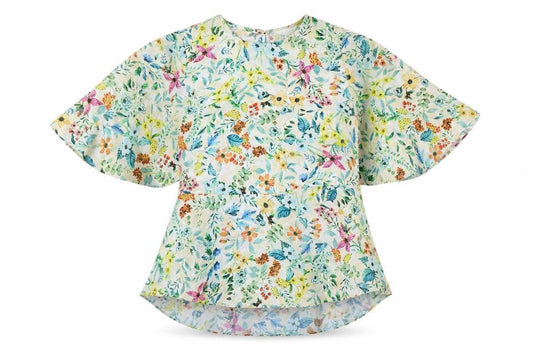 Front view of Koton women’s multicoloured floral polyester basic button-up, size UK 8, round neck