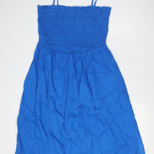 Marks and Spencer Womens Blue Cotton A-Line Size 16 Square Neck Tie - Smocked Top