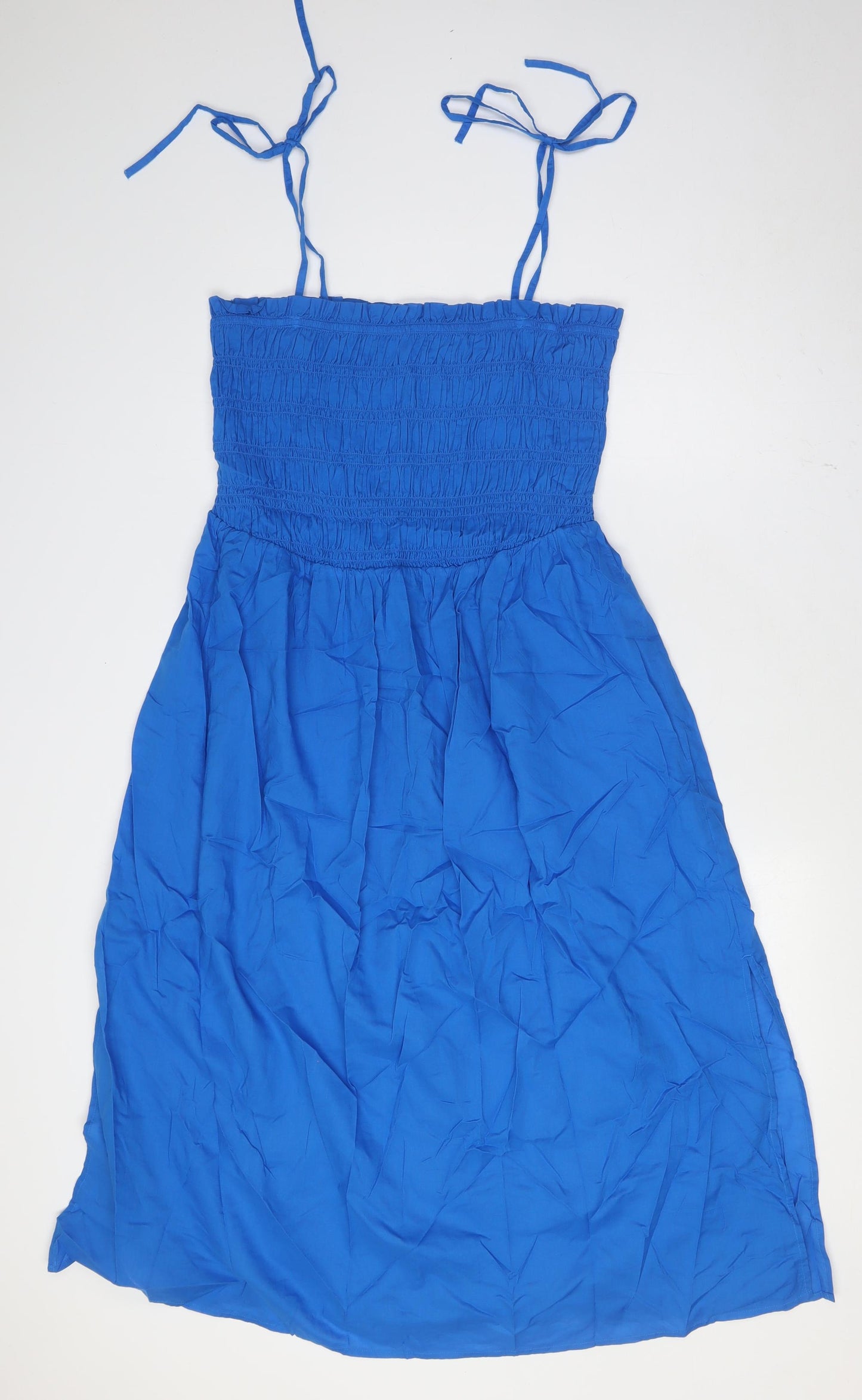 Marks and Spencer Womens Blue Cotton A-Line Size 16 Square Neck Tie - Smocked Top