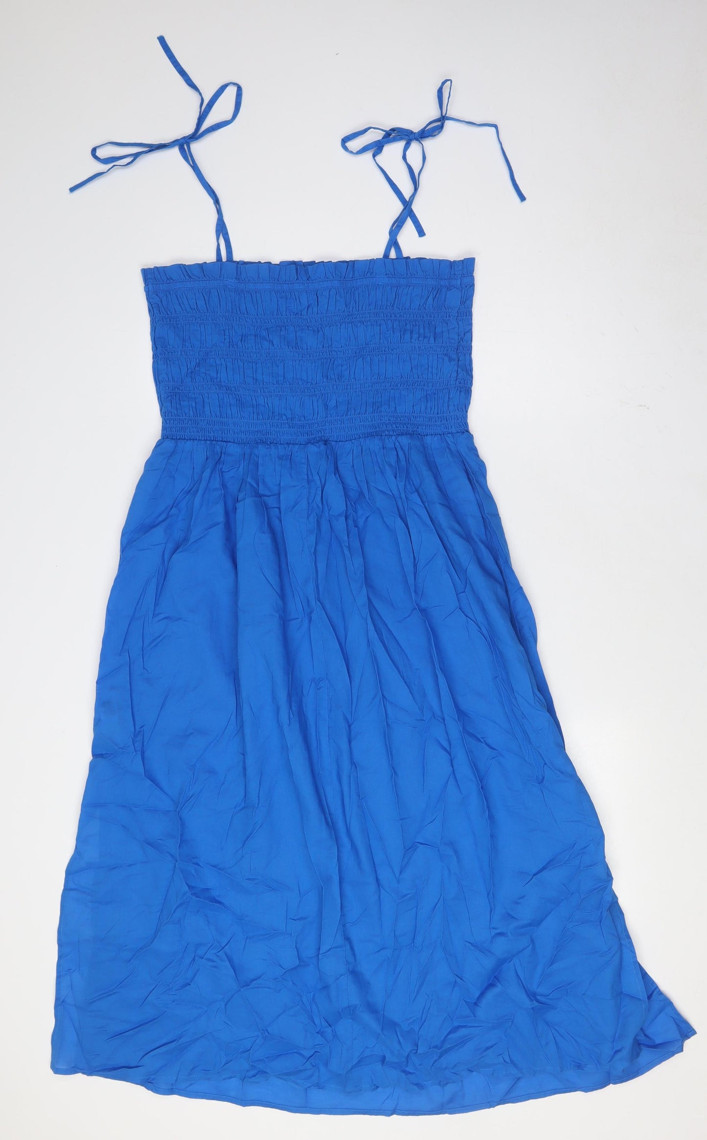 Marks and Spencer Womens Blue Cotton A-Line Size 16 Square Neck Tie - Smocked Top