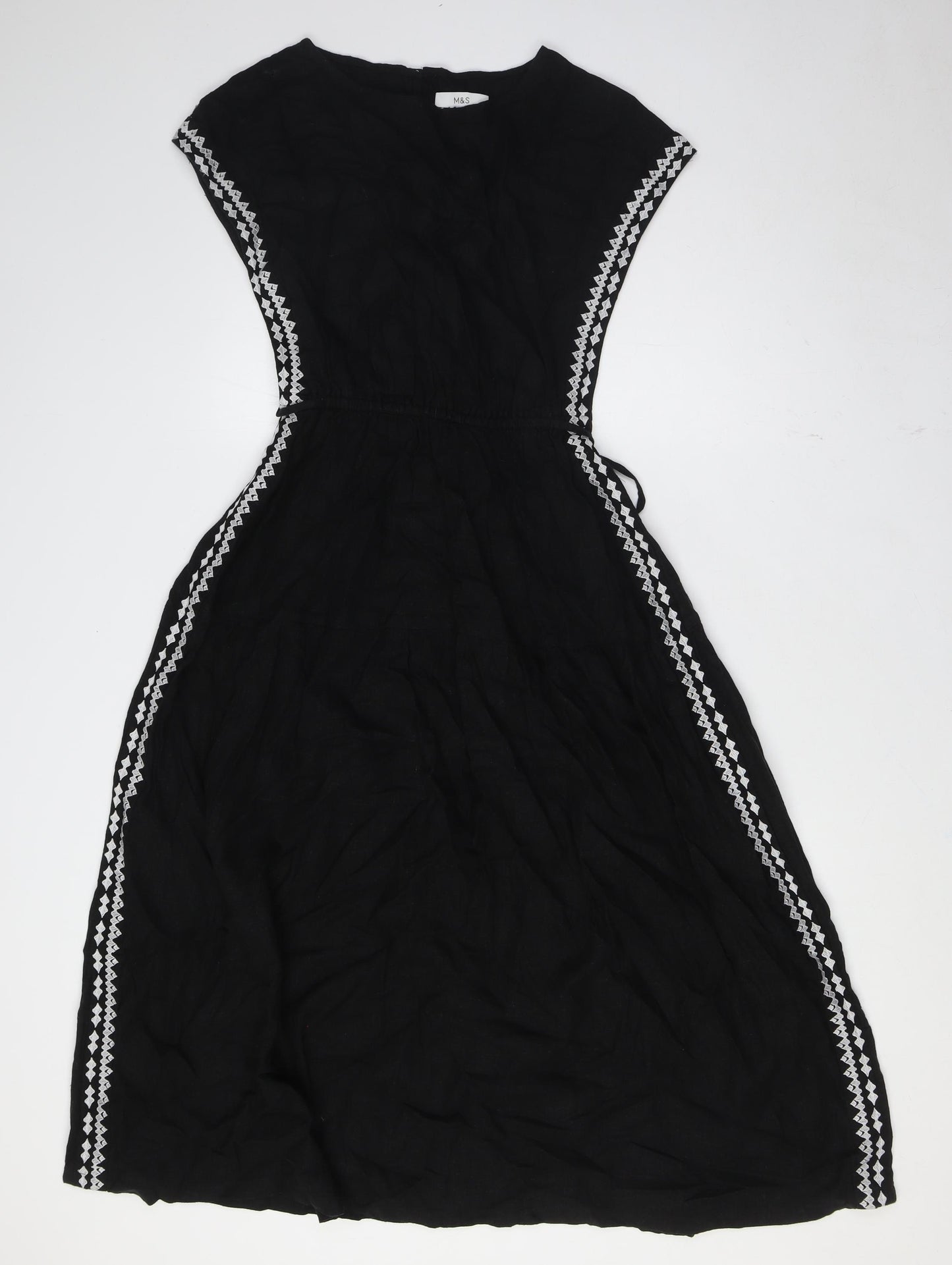 Marks and Spencer Womens Black Linen A-Line Size 6 Boat Neck - Tie Waist