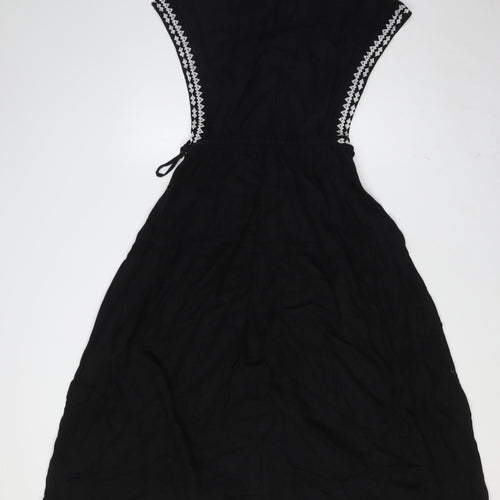 Marks and Spencer Womens Black Linen A-Line Size 6 Boat Neck - Tie Waist