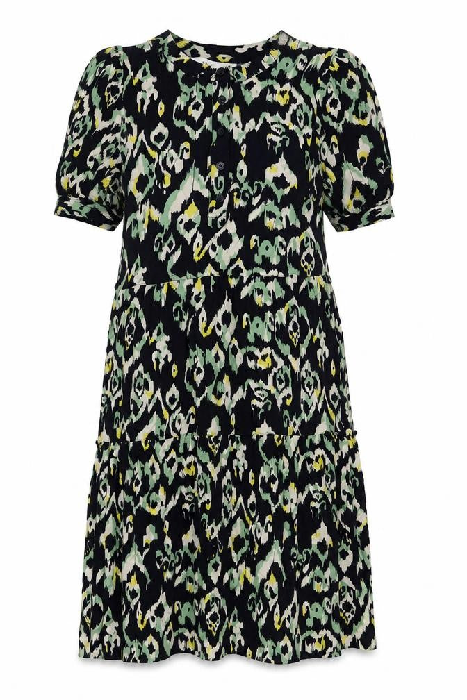 Front view of Marks & Spencer women’s blue viscose a-line, size UK 8, round neck button