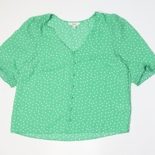 Marks and Spencer Womens Green Polka Dot Polyester Basic Button-Up Size 14 V-Neck