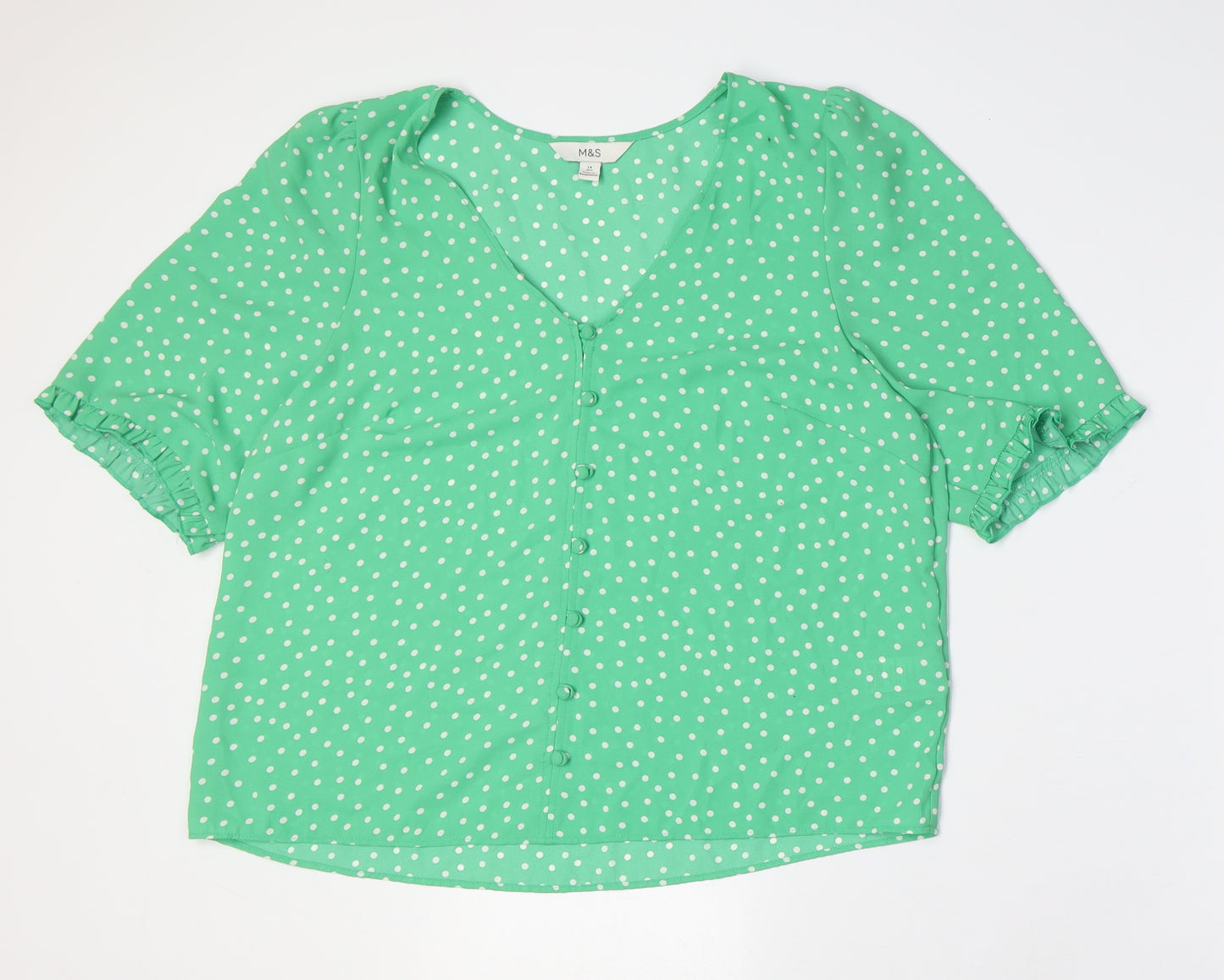 Marks and Spencer Womens Green Polka Dot Polyester Basic Button-Up Size 14 V-Neck