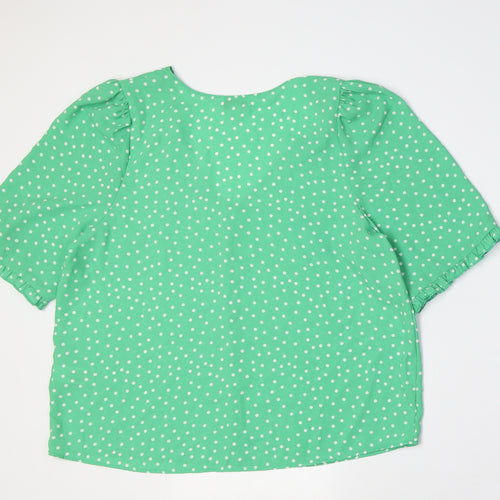 Marks and Spencer Womens Green Polka Dot Polyester Basic Button-Up Size 14 V-Neck