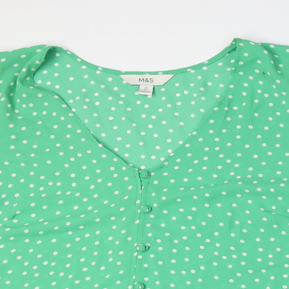 Marks and Spencer Womens Green Polka Dot Polyester Basic Button-Up Size 14 V-Neck