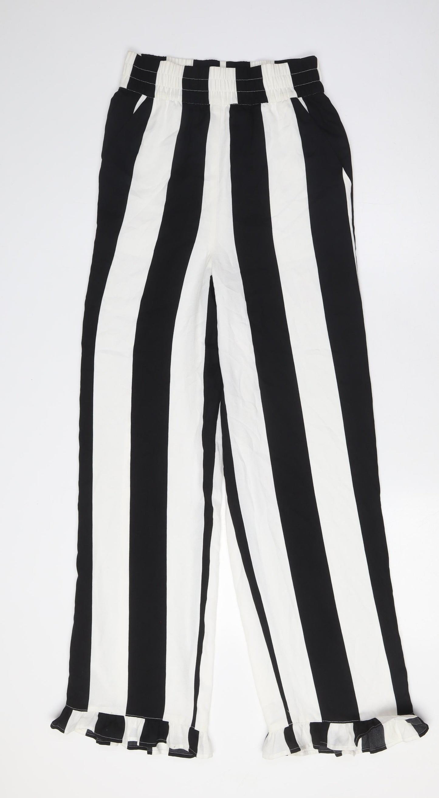 COLLUSION Womens Black Striped Polyester Trousers Size 8 L30 in Regular - Elasticated Waist, Frill Hem