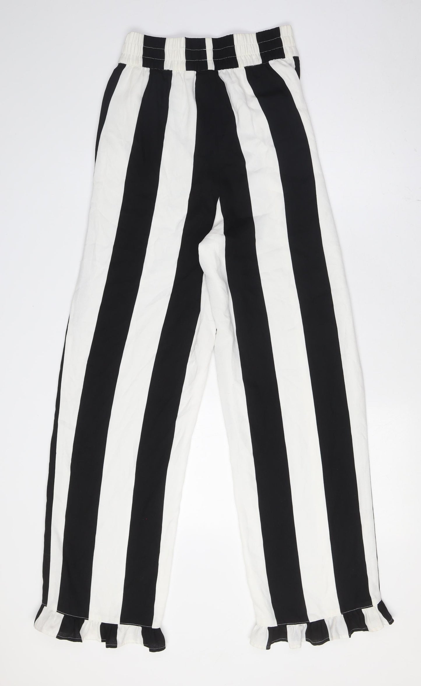 COLLUSION Womens Black Striped Polyester Trousers Size 8 L30 in Regular - Elasticated Waist, Frill Hem