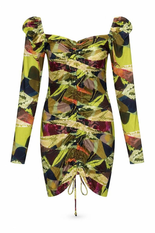 Front view of PRETTYLITTLETHING women’s multicoloured geometric polyester bodycon, size UK 12, sweetheart