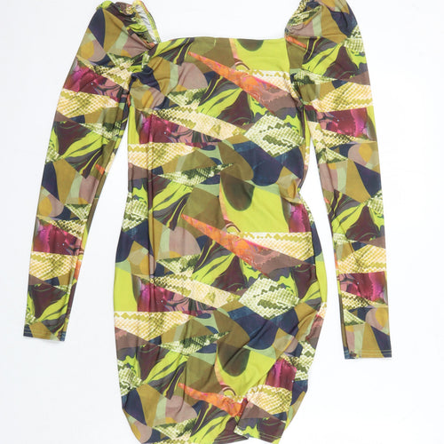 PRETTYLITTLETHING Womens Multicoloured Geometric Polyester Bodycon Size 12 Sweetheart