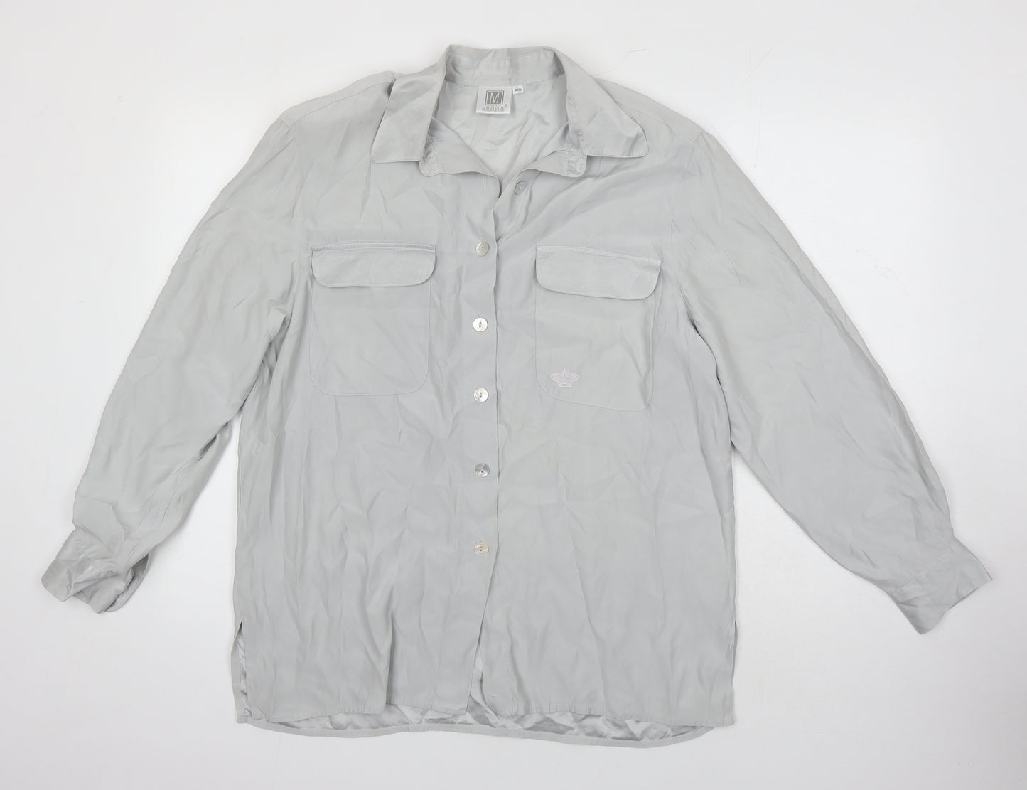 Madelaine Womens Grey Silk Basic Blouse Size 12 Collared