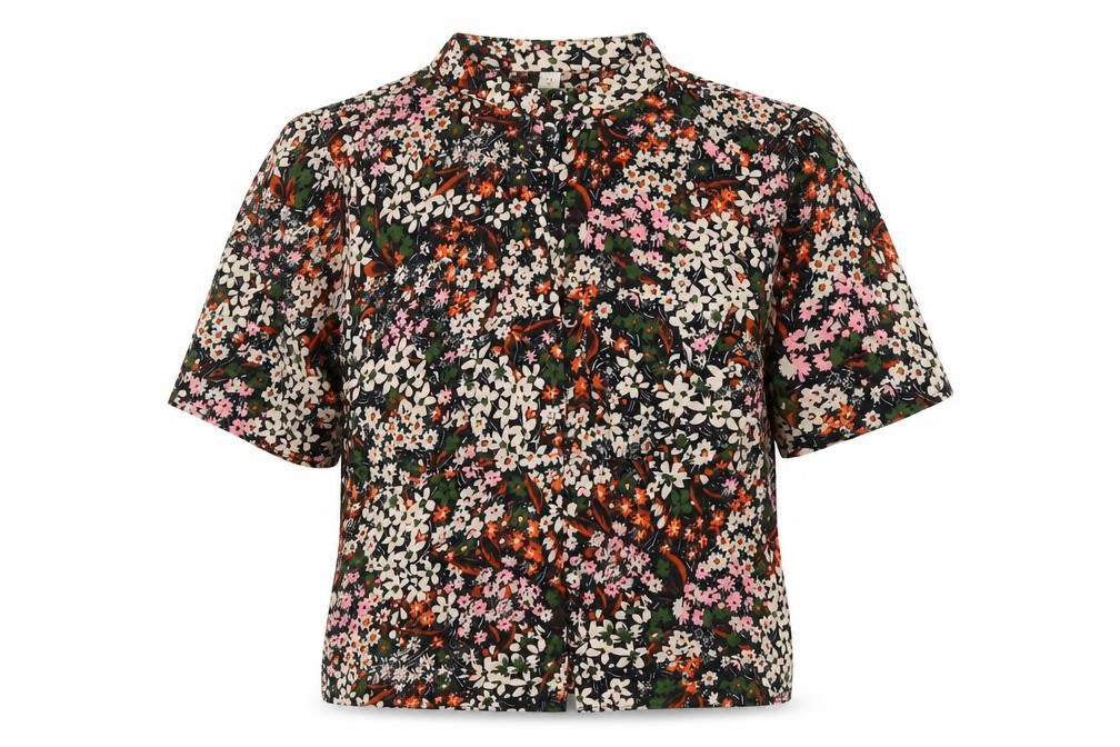 Front view of Topshop women’s multicoloured floral polyester cropped blouse, size UK 8, crew neck