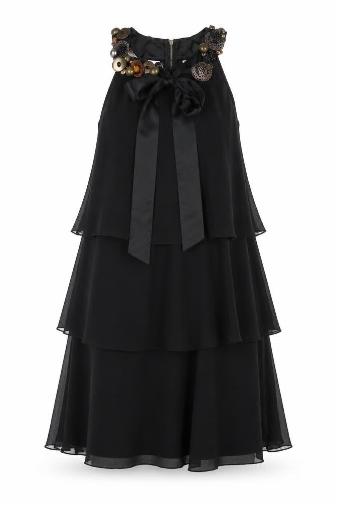 Front view of Untold women’s black houndstooth 100% silk a-line, size UK 10, round neck zip - beaded neckline