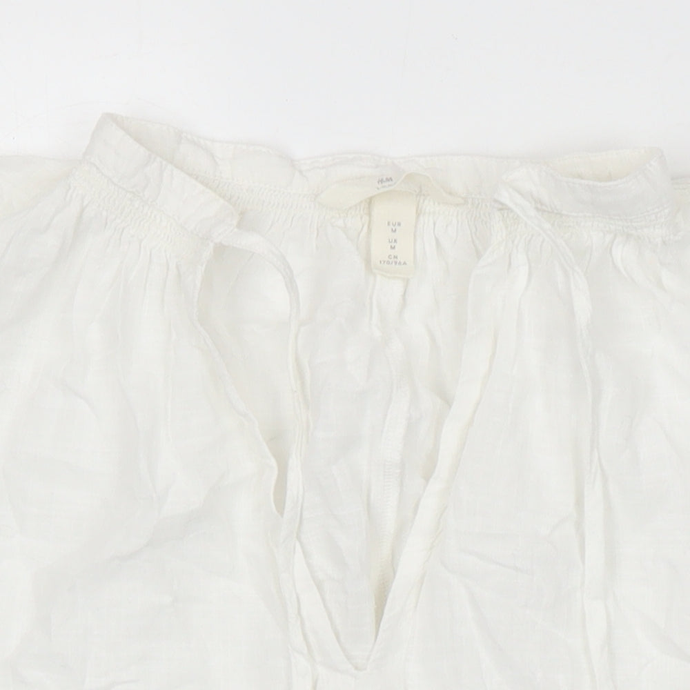 H&M Womens White 100% Cotton Tunic Blouse Size M V-Neck