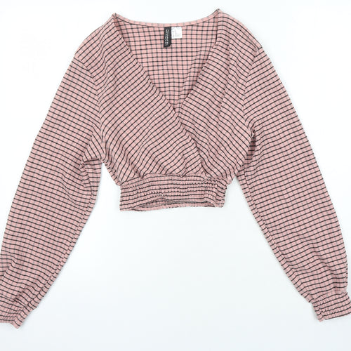 H&M Womens Pink Check Polyester Cropped Blouse Size XS Sweetheart