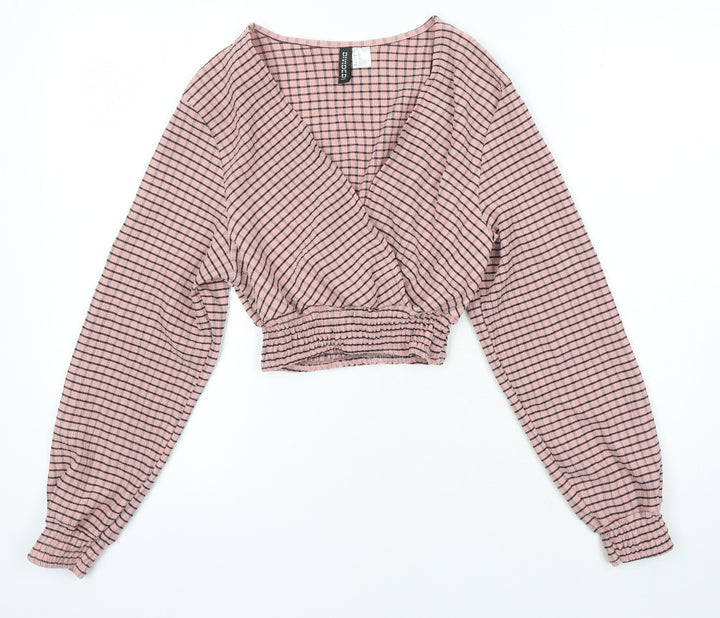 H&M Womens Pink Check Polyester Cropped Blouse Size XS Sweetheart
